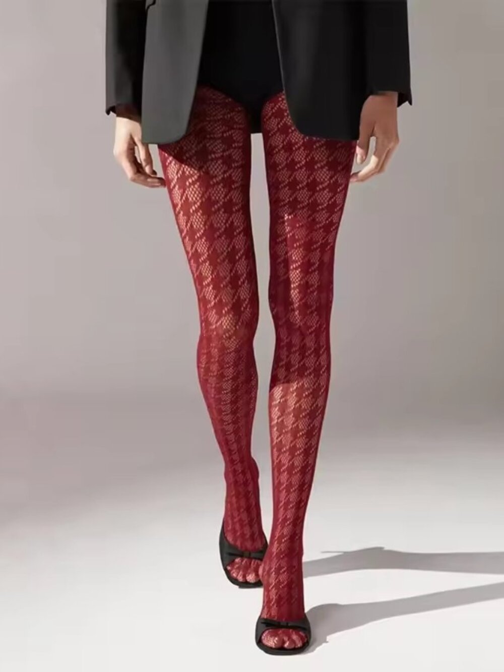 Women's Houndstooth Pattern Mesh Gothic Red Fishnet Tights Pantyhose Stockings